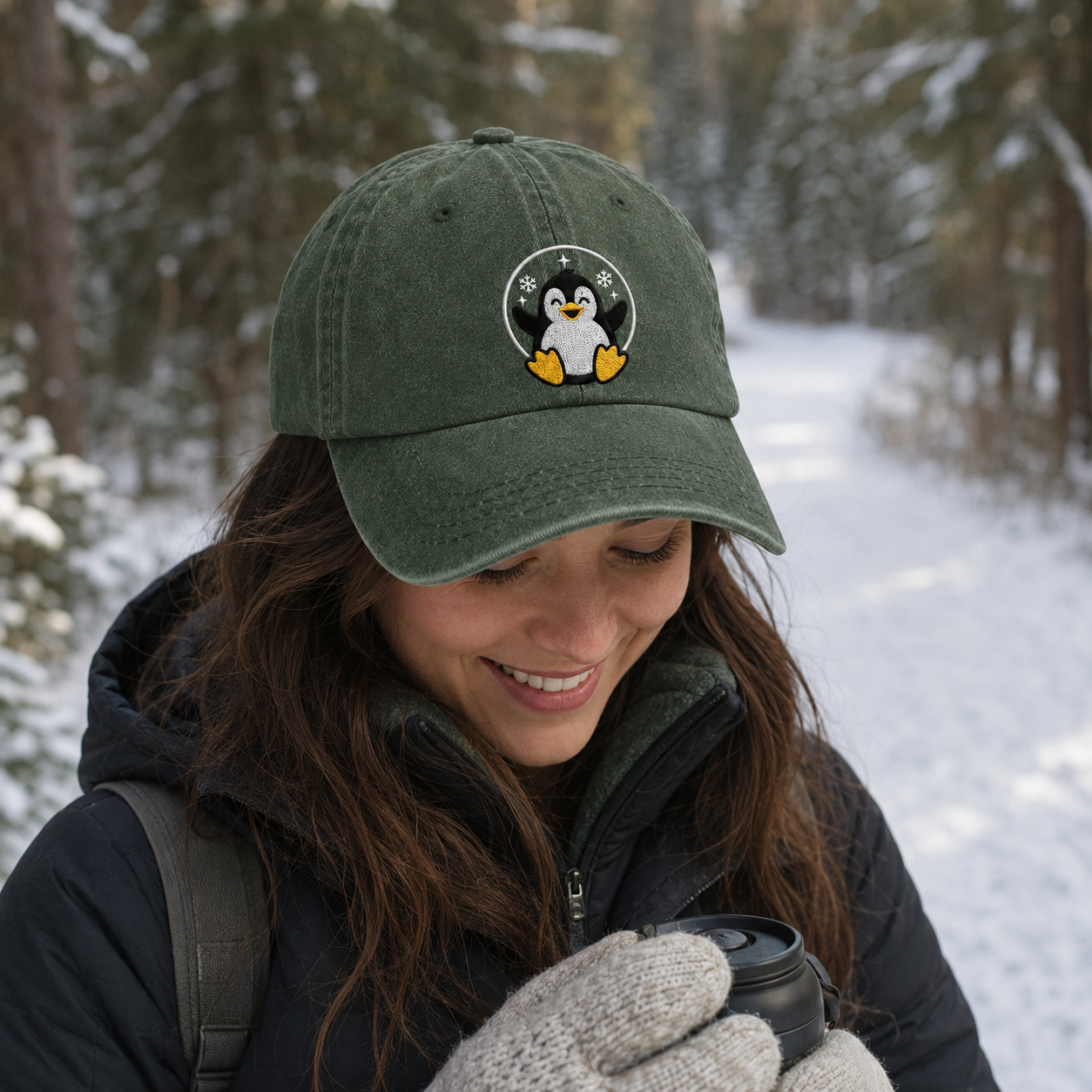 Snow Penguin Embroidered Washed Cap - Washed Cap - alternate angle