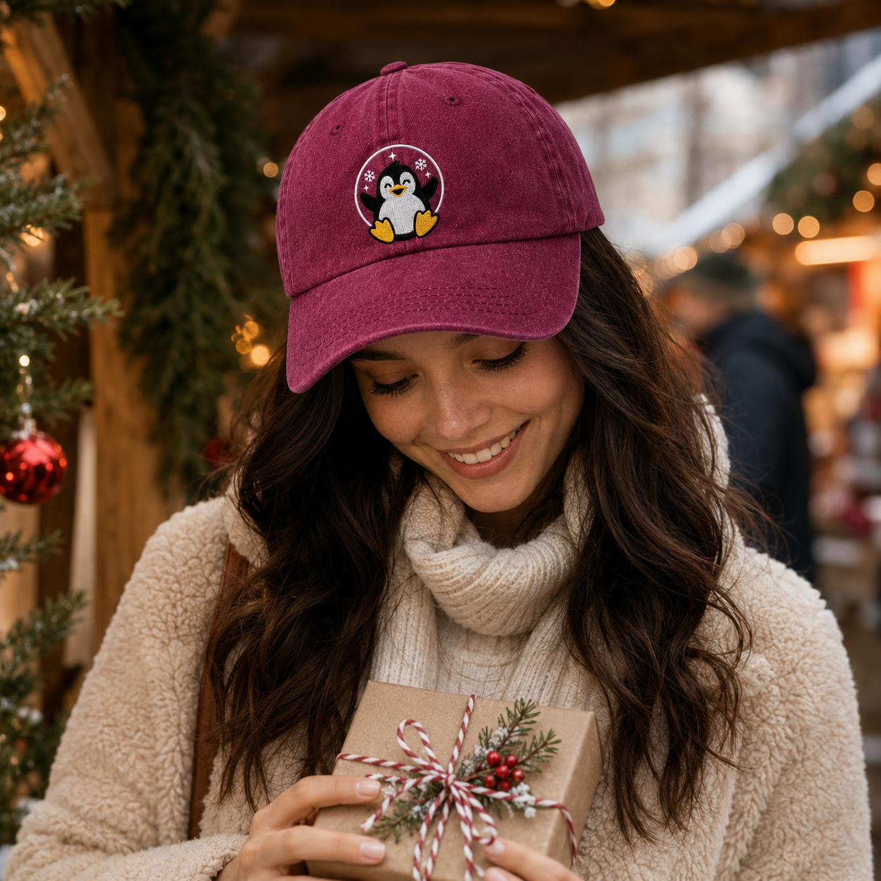 Snow Penguin Embroidered Washed Cap - Washed Cap - detail