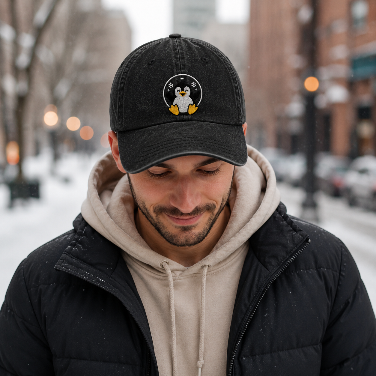 Snow Penguin Embroidered Washed Cap - Washed Cap - lifestyle