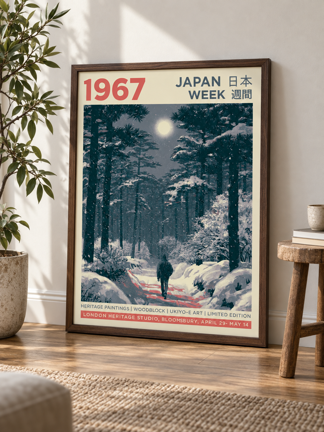 Snowy Japanese Forest Poster - Wall Art Decor - alternate angle - snow forest wall decor, winter landscape art