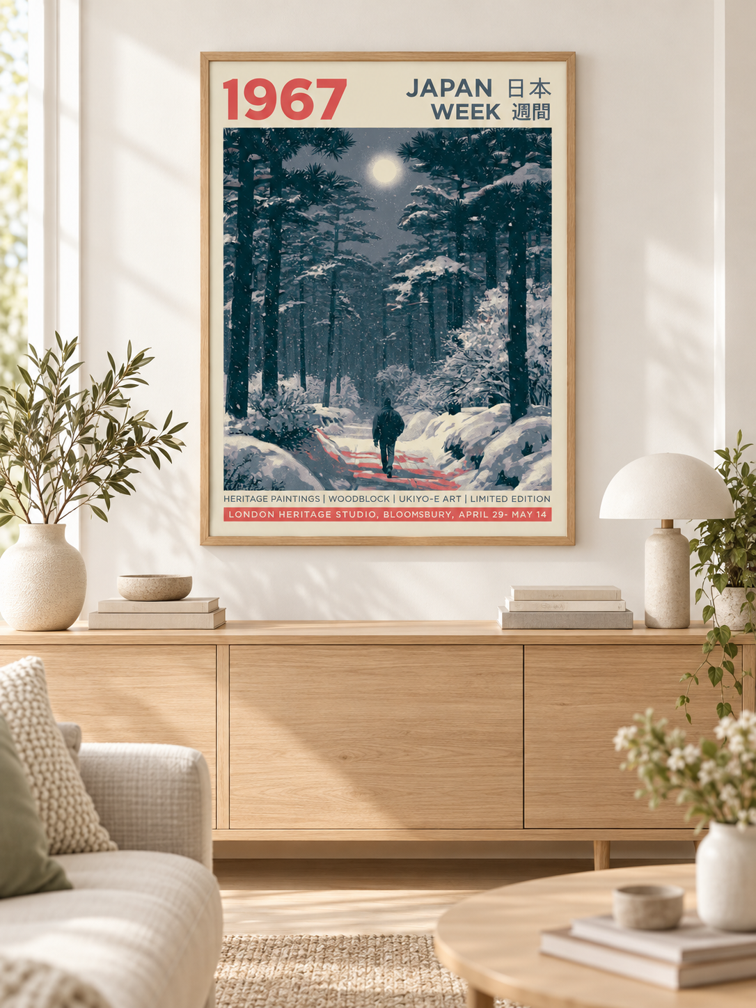 Snowy Japanese Forest Poster - Wall Art Decor - detail view - snow forest wall decor, winter landscape art