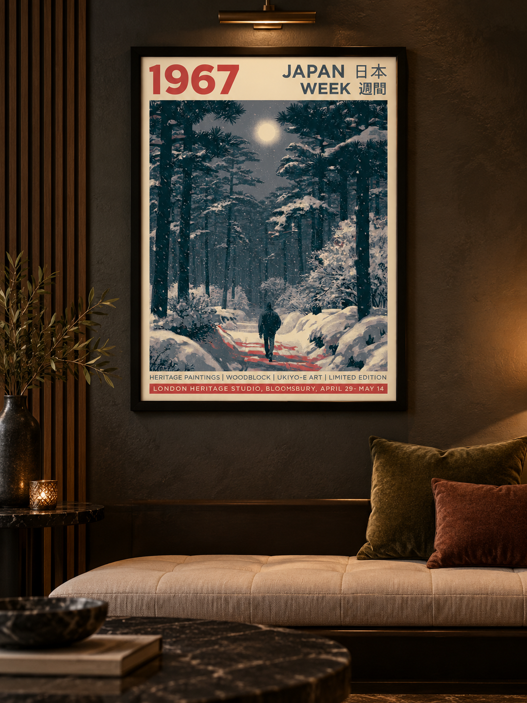 Snowy Japanese Forest Poster - Wall Art Decor - front view - snow forest wall decor, winter landscape art