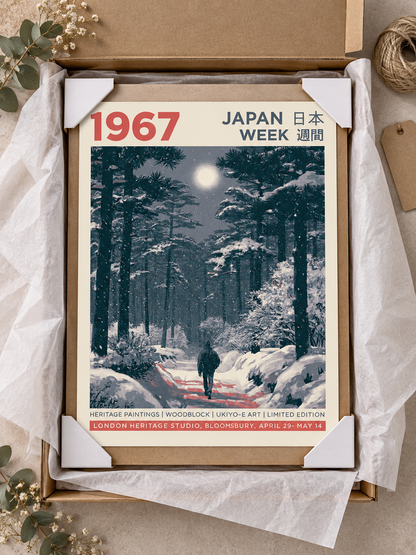 Snowy Japanese Forest Poster - Wall Art Decor - lifestyle shot - snow forest wall decor, winter landscape art
