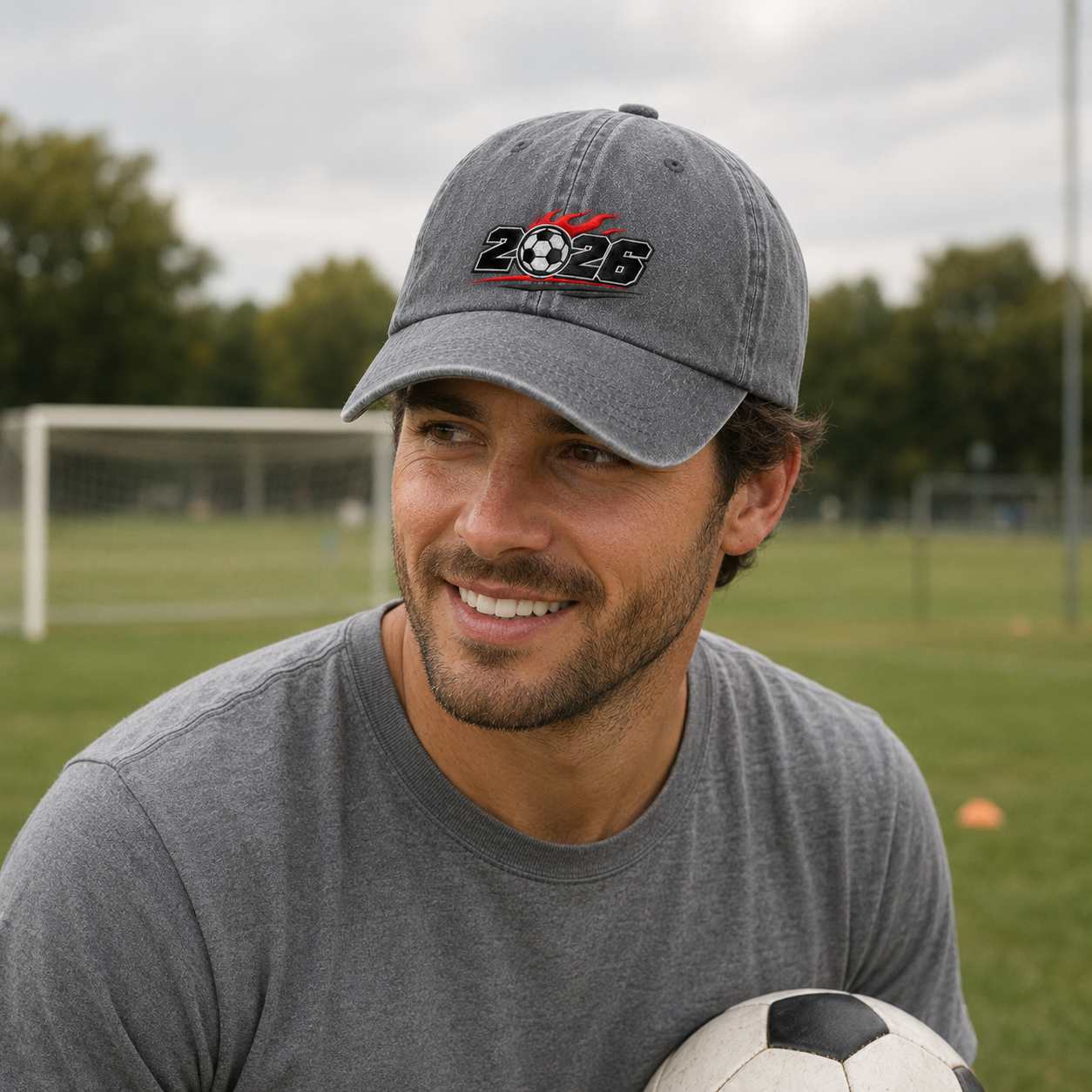 Man holding a soccer ball on a green field wearing a grey washed baseball cap with an embroidered flaming 2026 soccer ball design