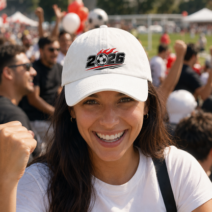 Woman smiling and cheering at a sports tournament crowd wearing a white washed baseball cap with an embroidered flaming 2026 soccer ball design