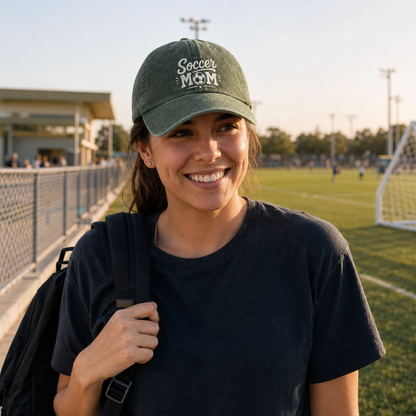 Smiling woman with a backpack at a sports field wearing an army green washed baseball cap with embroidered white Soccer Mom text