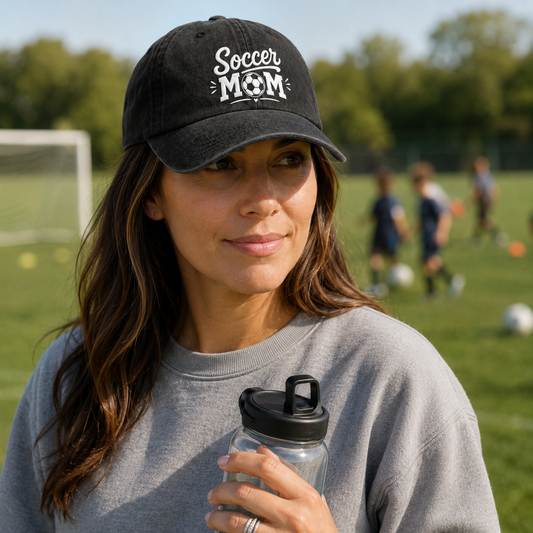 Woman holding a water bottle on a soccer field wearing a black washed baseball cap with embroidered white Soccer Mom text