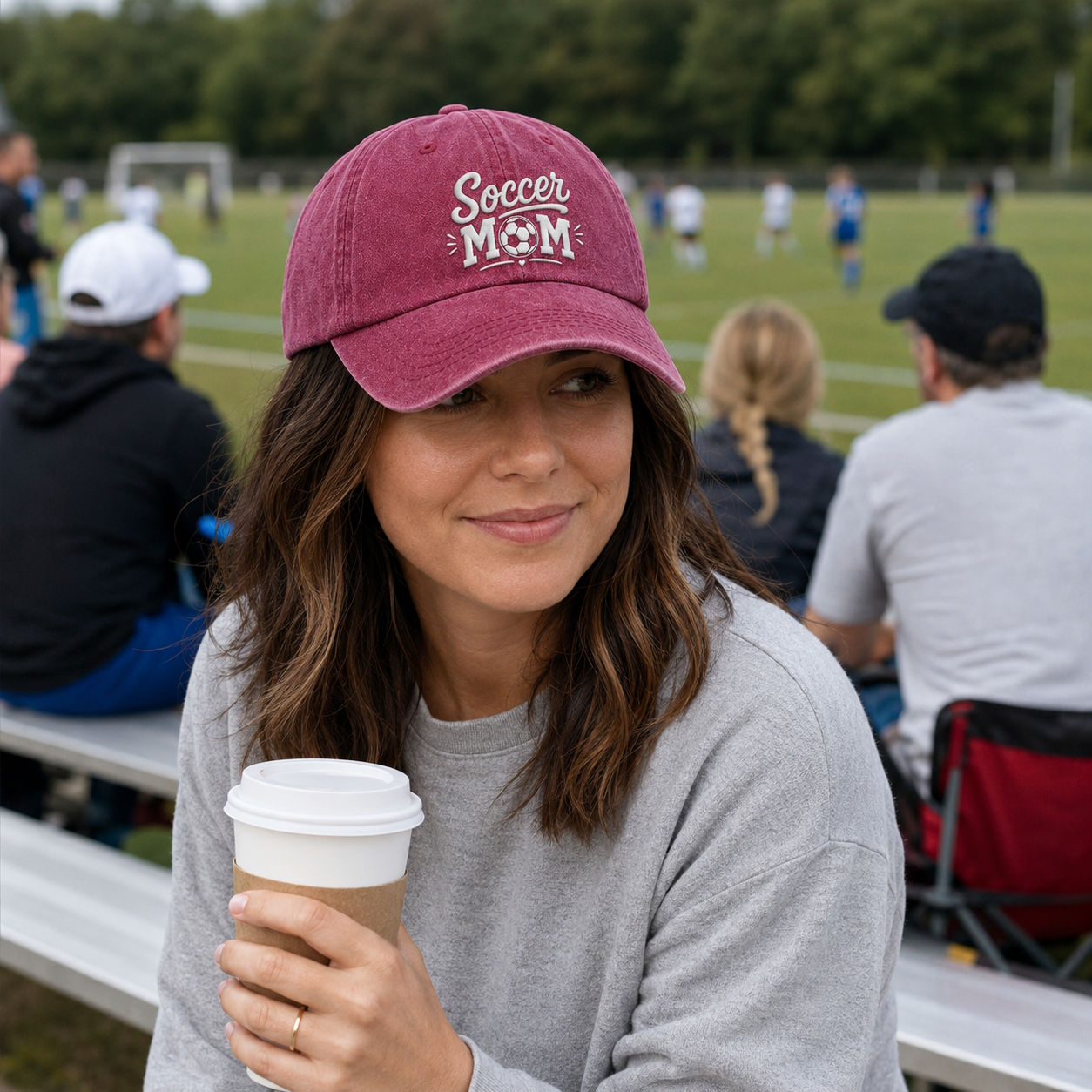 Woman holding a coffee cup on sports bleachers wearing a maroon washed baseball cap with embroidered white Soccer Mom text