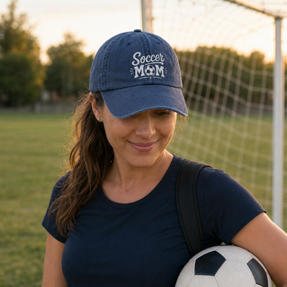 Woman holding a soccer ball near a goal net wearing a navy washed baseball cap with embroidered white Soccer Mom text