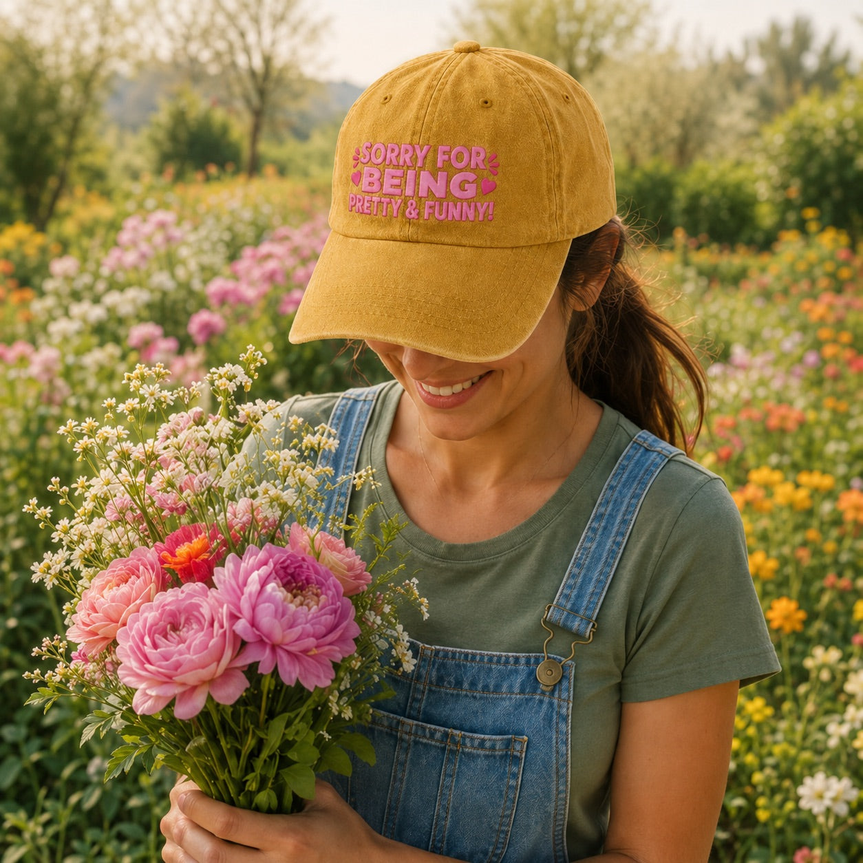 Person wearing a yellow cap with text, holding flowers in a floral field