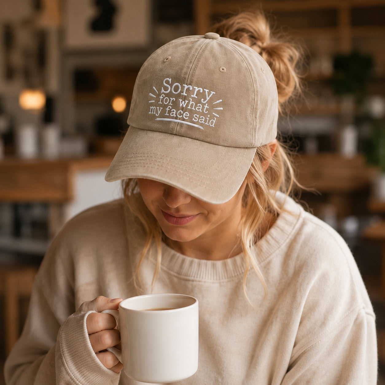 Person wearing a cap with text and holding a mug in a casual setting