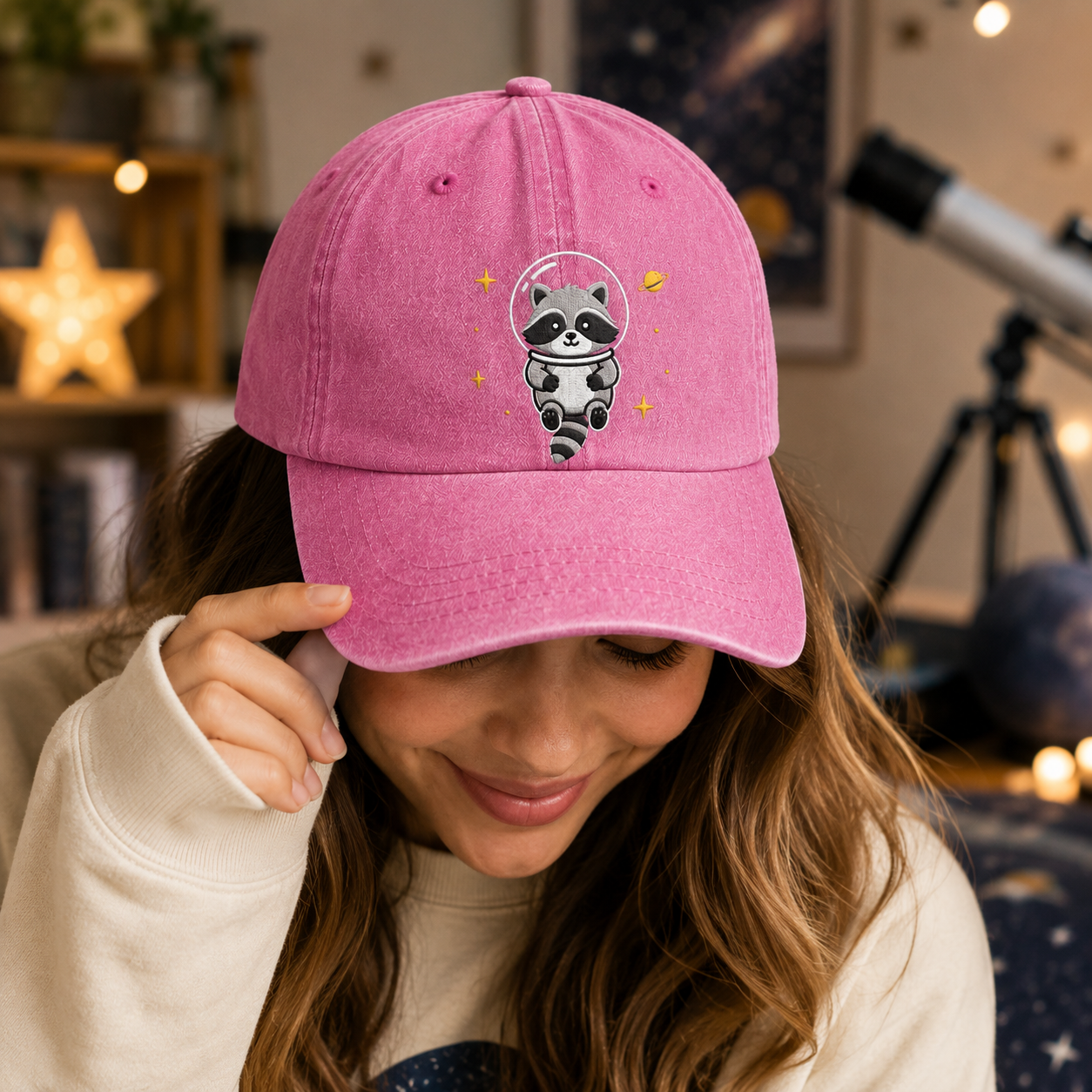 Space Raccoon Embroidered Washed Cap - Washed Cap - alternate angle