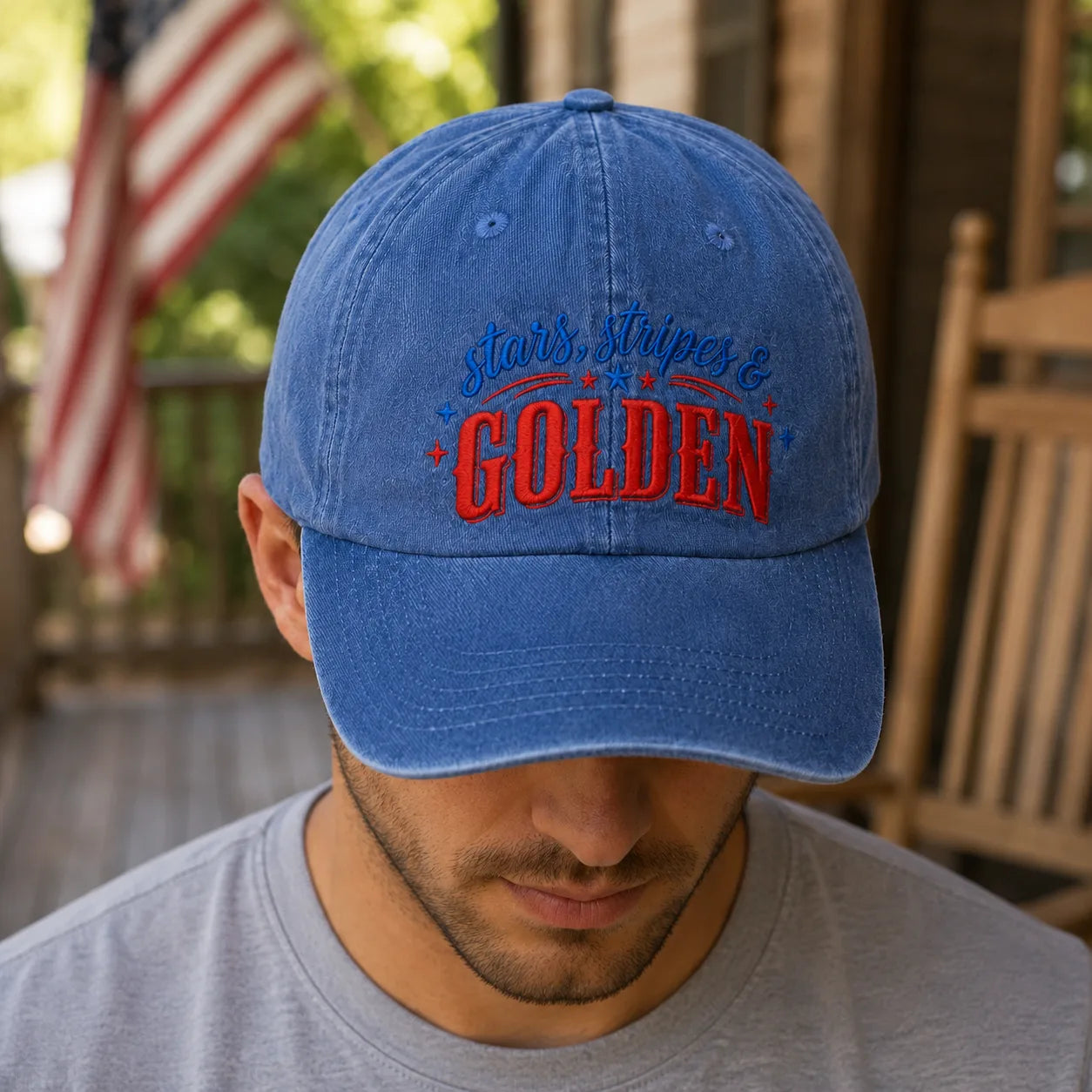 Stars Stripes Golden Patriotic Washed Cap - washed cap - packaging