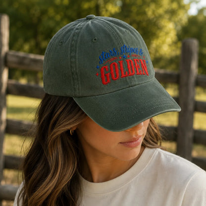 Stars Stripes Golden Patriotic Washed Cap - washed cap - styled