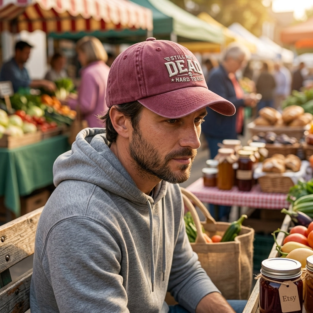Man wearing a cap with text at an outdoor market with various stalls and people.