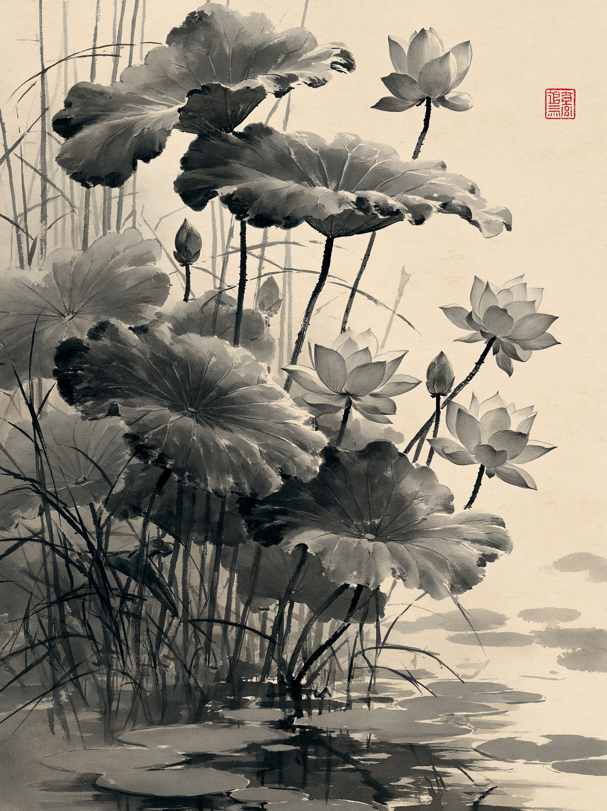 Loto Sumi-e Póster - Wall Art Decor - front view - sumi e lotus poster, japanese lotus wall art