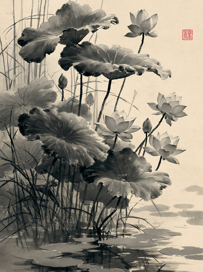 Loto Sumi-e Póster - Wall Art Decor - front view - sumi e lotus poster, japanese lotus wall art