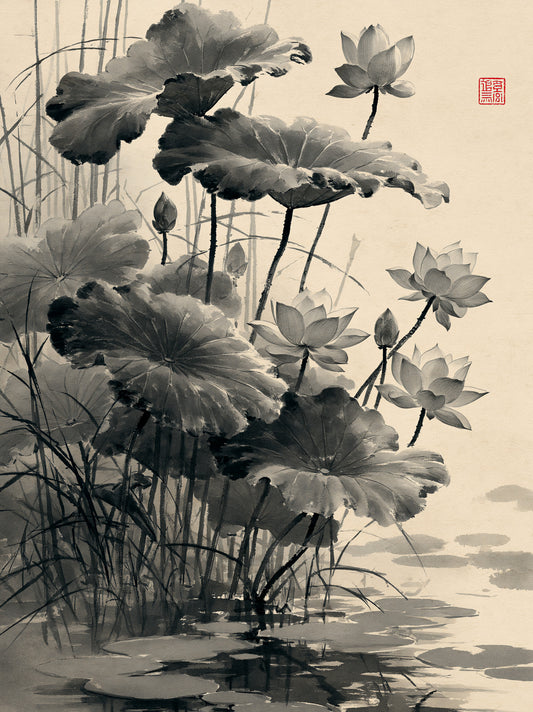 Lótus Sumi-e Arte Mural - Wall Art Decor - front view - sumi e lotus poster, japanese lotus wall art