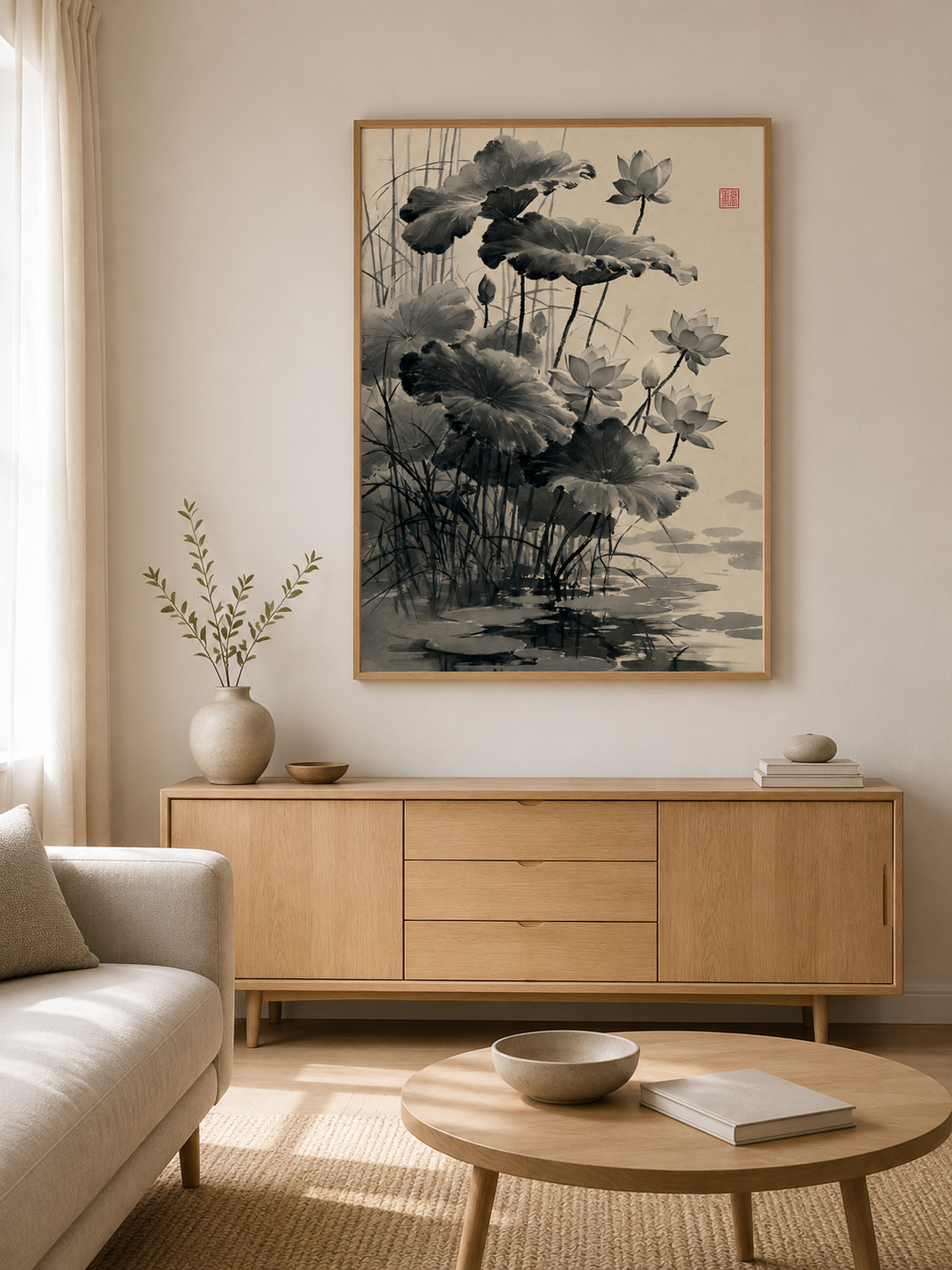 Loto Sumi-e Póster - Wall Art Decor - close-up - sumi e lotus poster, japanese lotus wall art