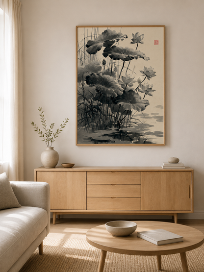 Loto Sumi-e Póster - Wall Art Decor - close-up - sumi e lotus poster, japanese lotus wall art