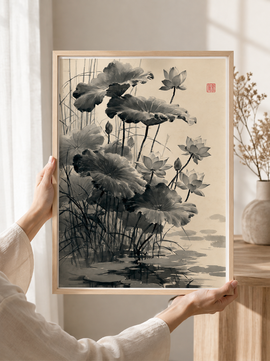 Loto Sumi-e Póster - Wall Art Decor - alternate angle - sumi e lotus poster, japanese lotus wall art