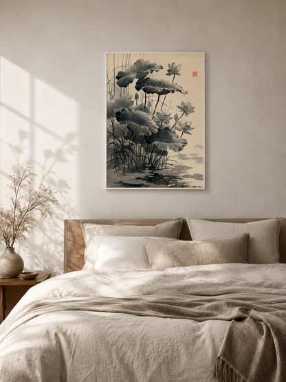 Loto Sumi-e Póster - Wall Art Decor - detail view - sumi e lotus poster, japanese lotus wall art