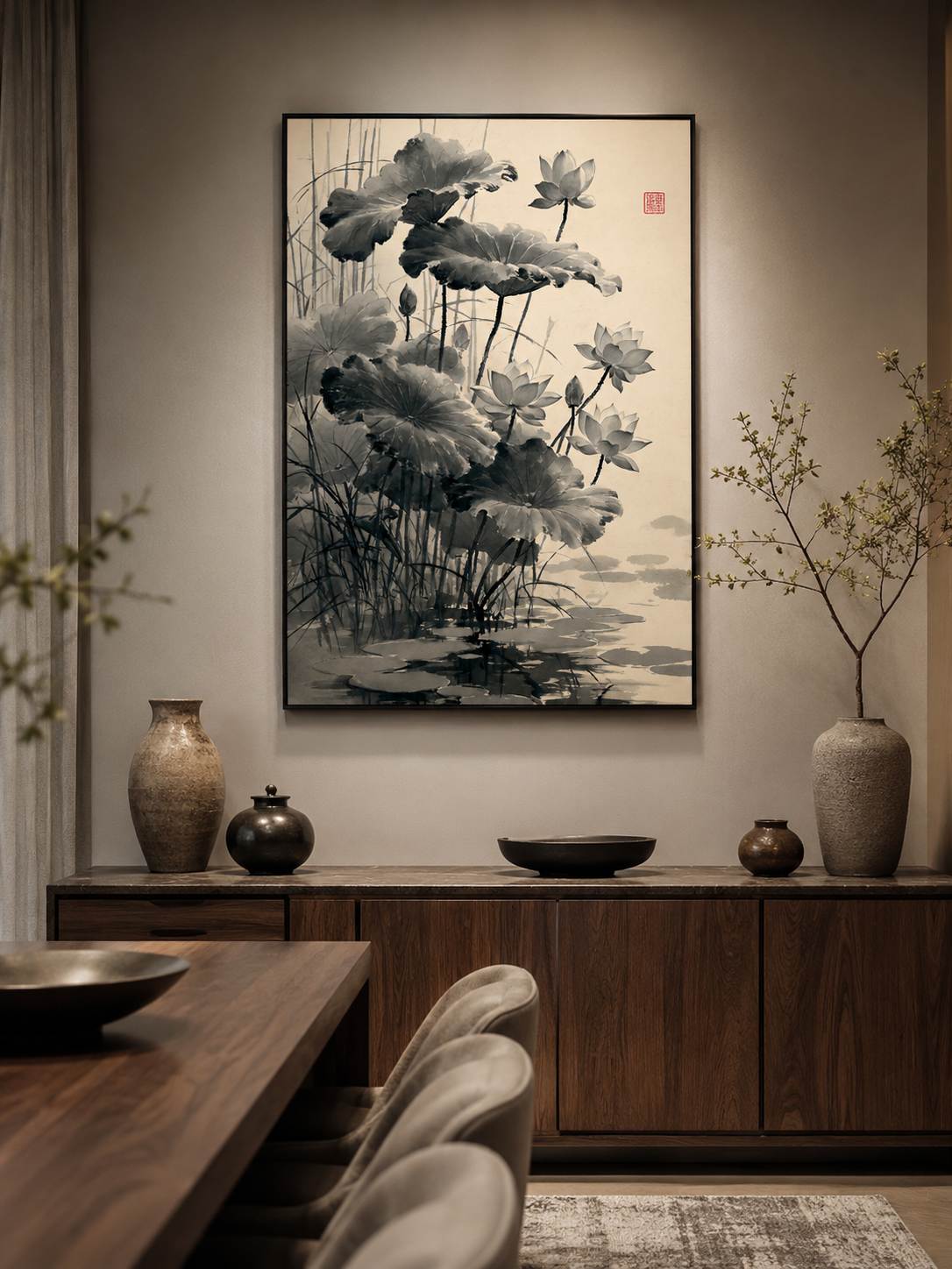 Loto Sumi-e Póster - Wall Art Decor - lifestyle shot - sumi e lotus poster, japanese lotus wall art