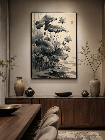 Loto Sumi-e Póster - Wall Art Decor - lifestyle shot - sumi e lotus poster, japanese lotus wall art