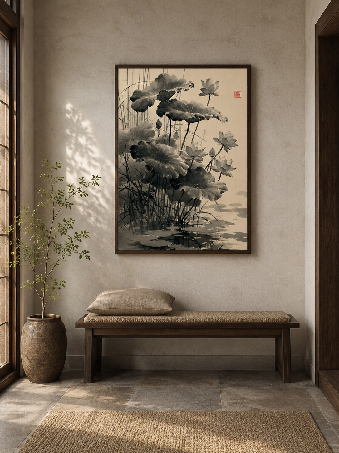 Loto Sumi-e Póster - Wall Art Decor - close-up - sumi e lotus poster, japanese lotus wall art