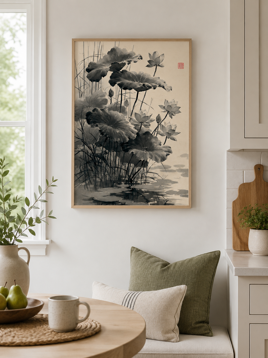 Loto Sumi-e Póster - Wall Art Decor - alternate angle - sumi e lotus poster, japanese lotus wall art