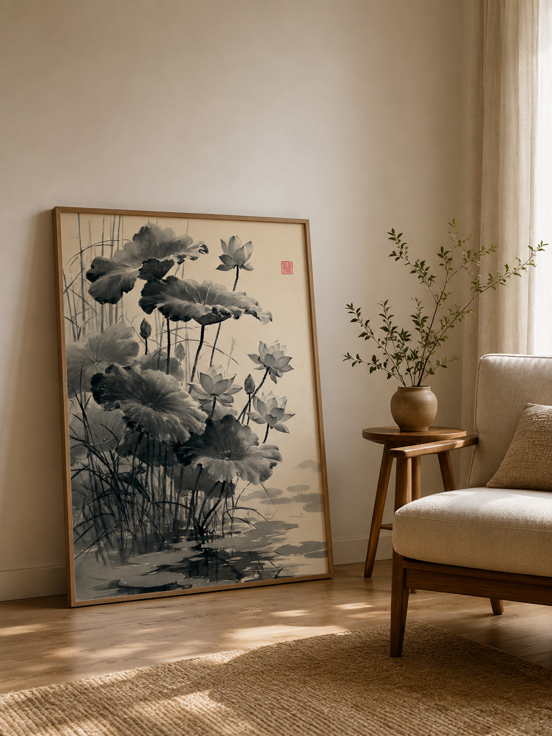 Loto Sumi-e Póster - Wall Art Decor - front view - sumi e lotus poster, japanese lotus wall art