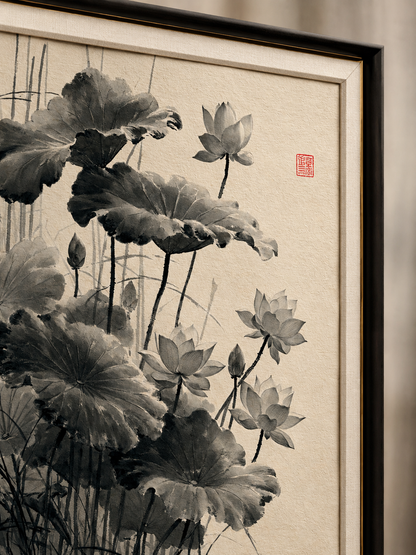Loto Sumi-e Póster - Wall Art Decor - detail view - sumi e lotus poster, japanese lotus wall art