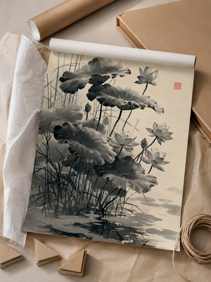 Loto Sumi-e Póster - Wall Art Decor - lifestyle shot - sumi e lotus poster, japanese lotus wall art