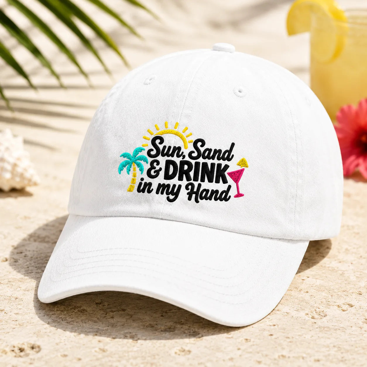 Sun Sand & Drink in my Hand Washed Cap - washed cap - front view