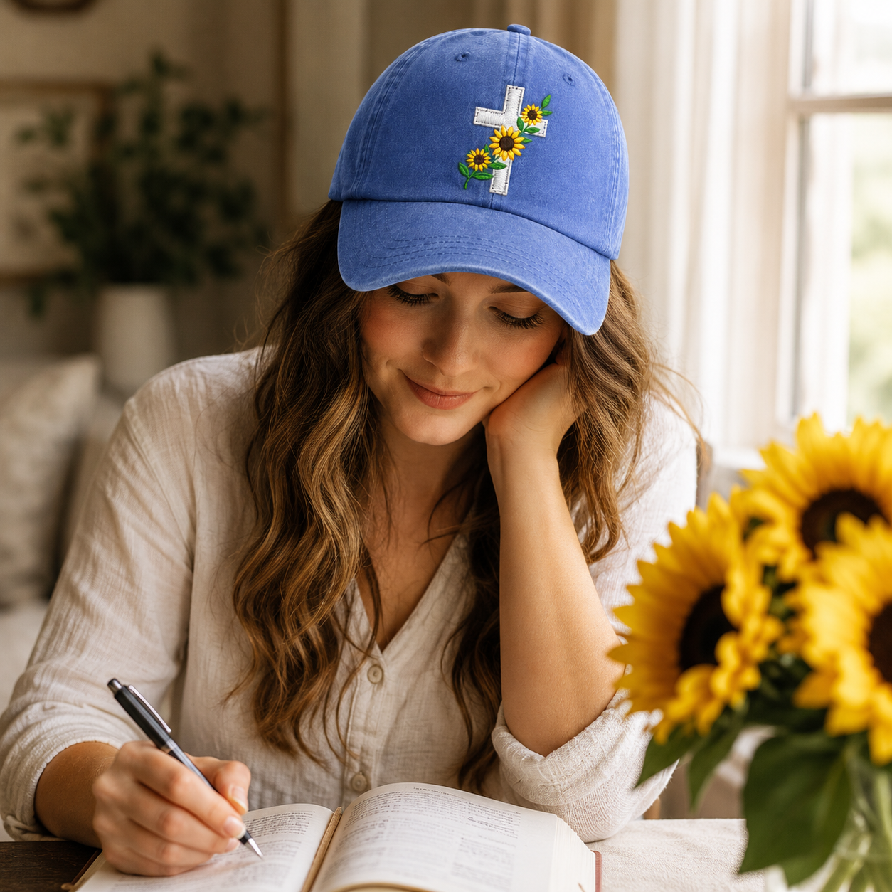 Sunflower Cross Embroidered Washed Cap - Washed Cap - alternate angle