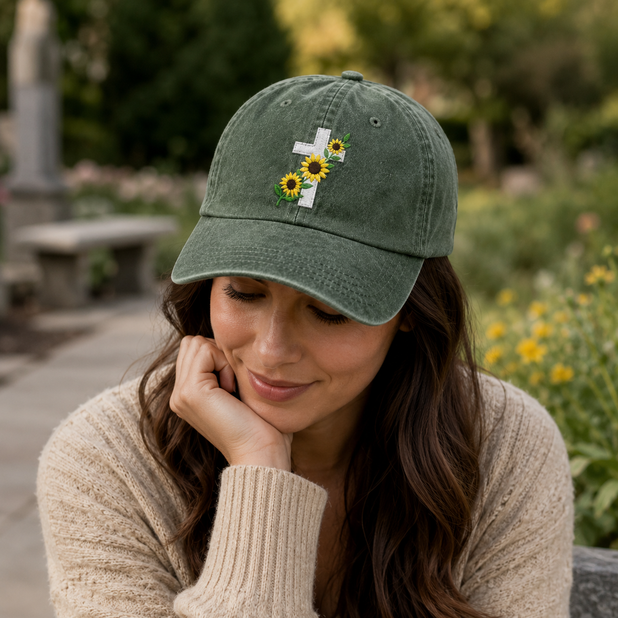 Sunflower Cross Embroidered Washed Cap - Washed Cap - detail