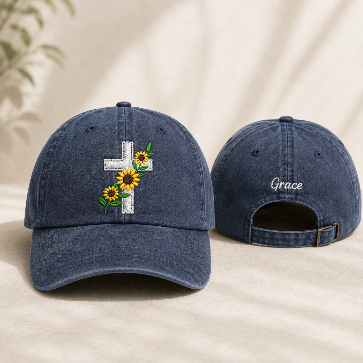 Sunflower Cross Embroidered Washed Cap - Washed Cap - front view