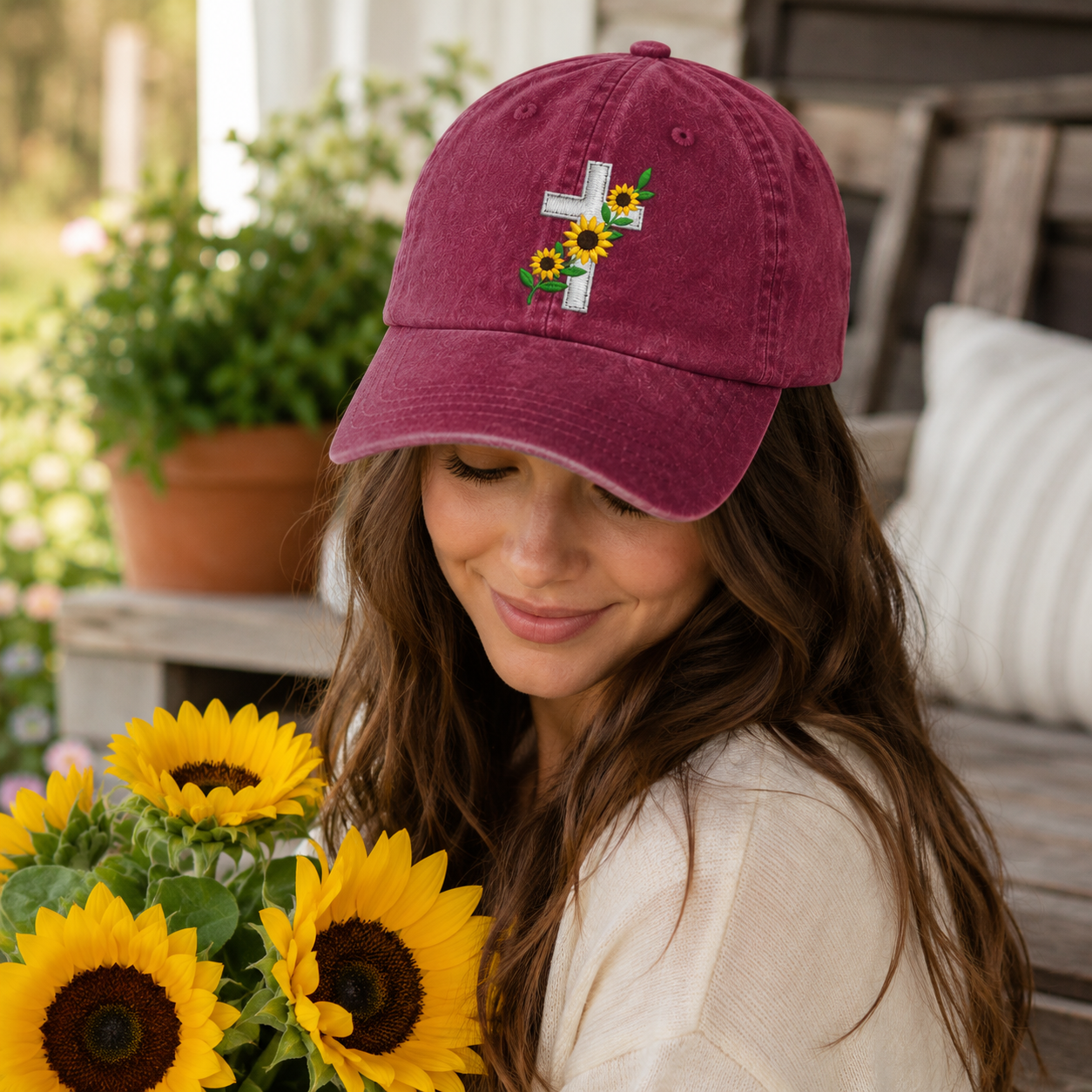 Sunflower Cross Embroidered Washed Cap - Washed Cap - lifestyle