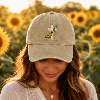 Sunflower Cross Embroidered Washed Cap - Washed Cap - side view