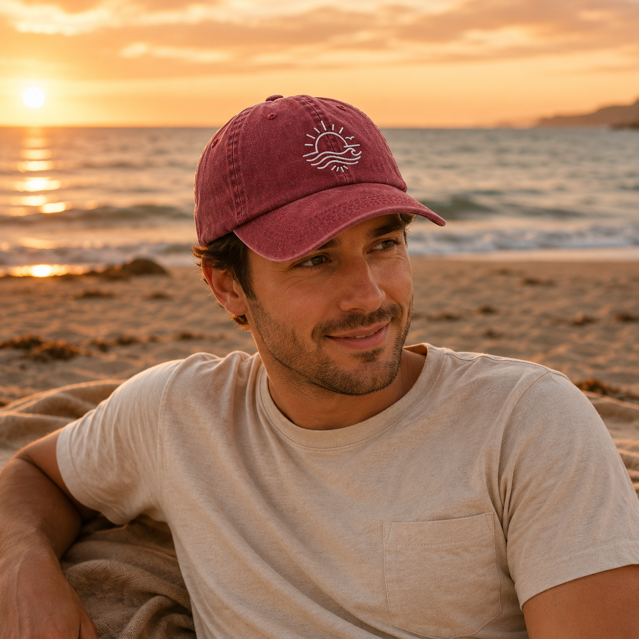 Sunset Waves Embroidered Washed Cap - Washed Cap - lifestyle