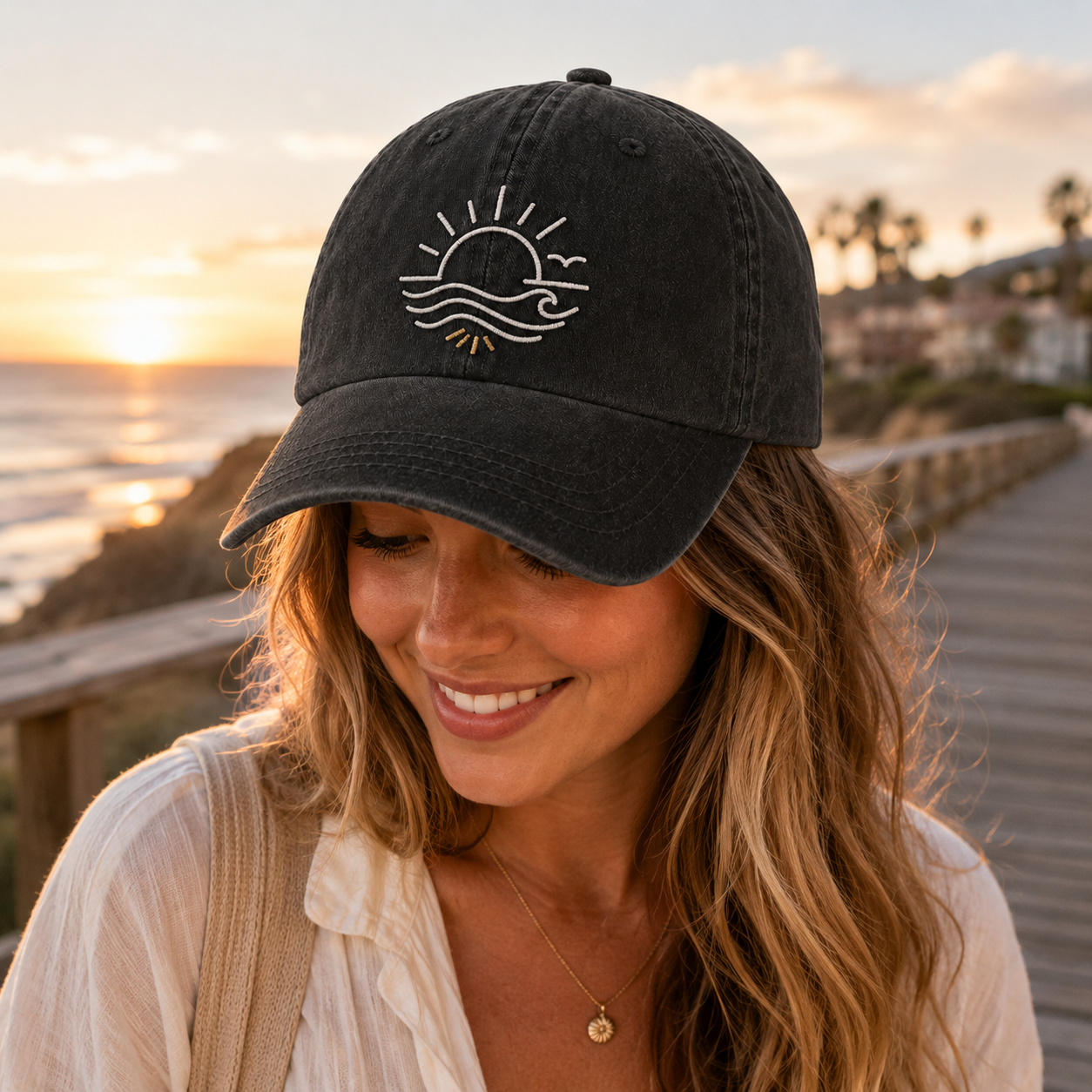 Sunset Waves Embroidered Washed Cap - Washed Cap - side view