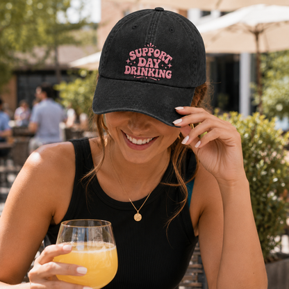 Support Day Drinking Embroidered Washed Cap - Washed Cap - side view