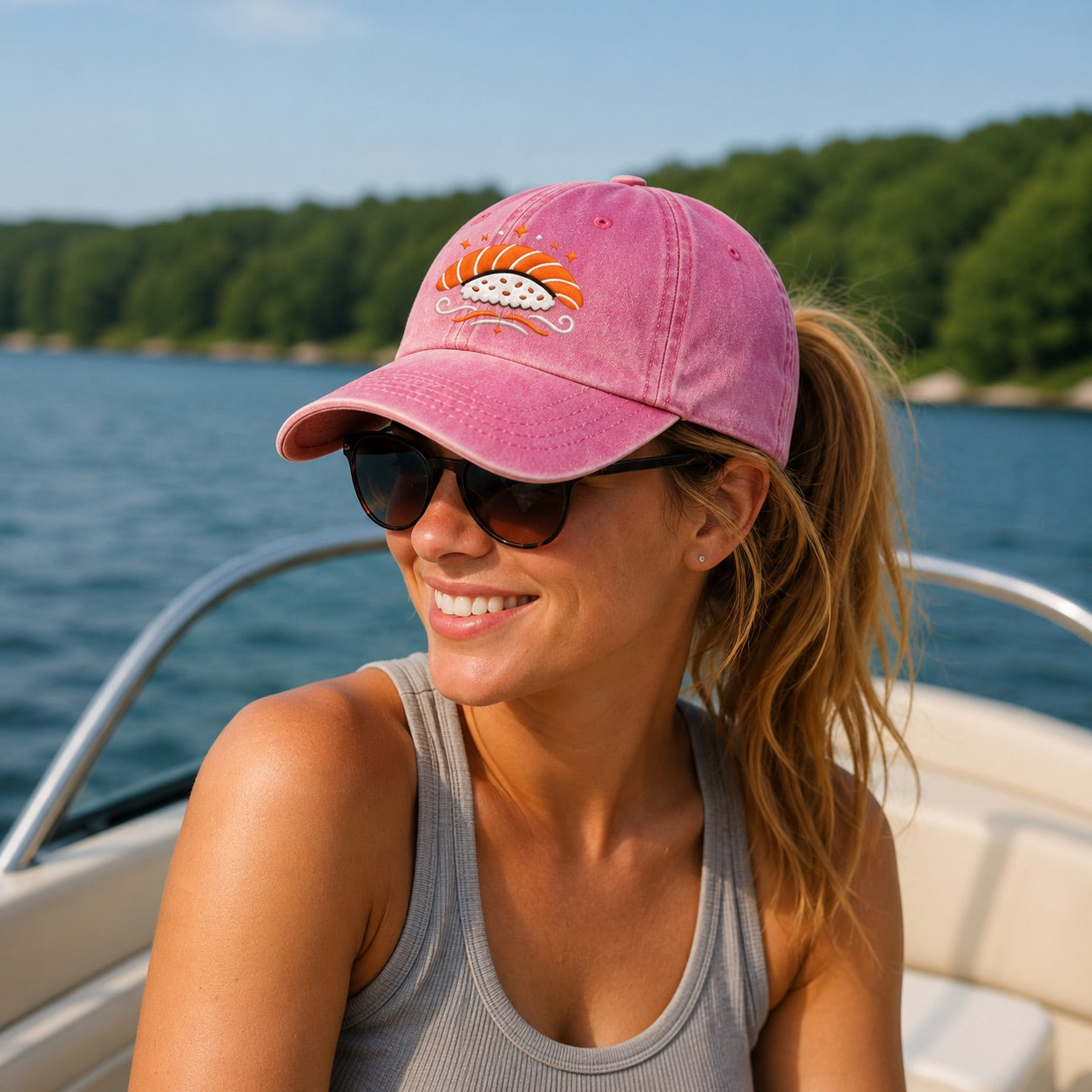 Woman wearing a pink cap and sunglasses on a boat with a scenic background