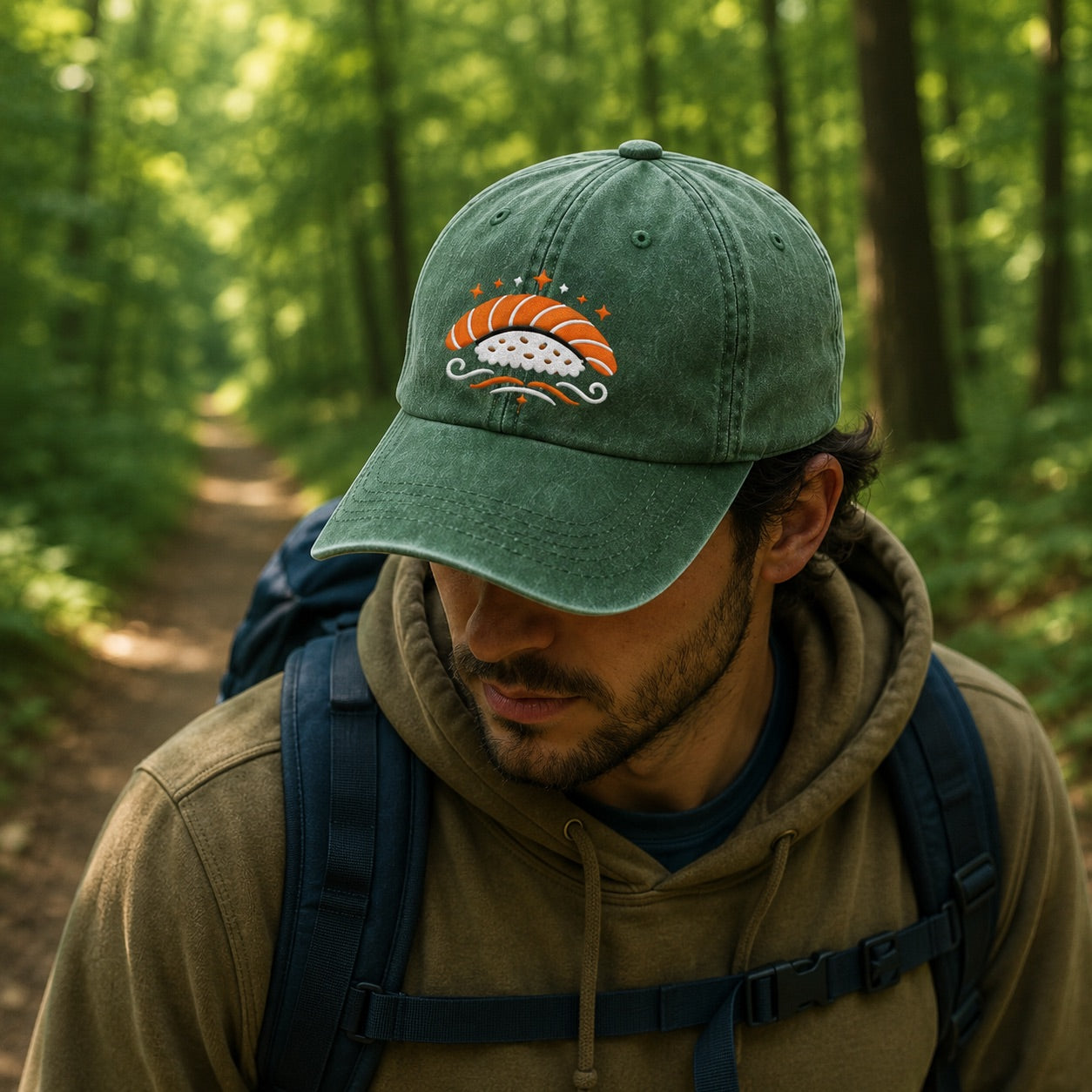 Man wearing a green cap with a logo in a forest