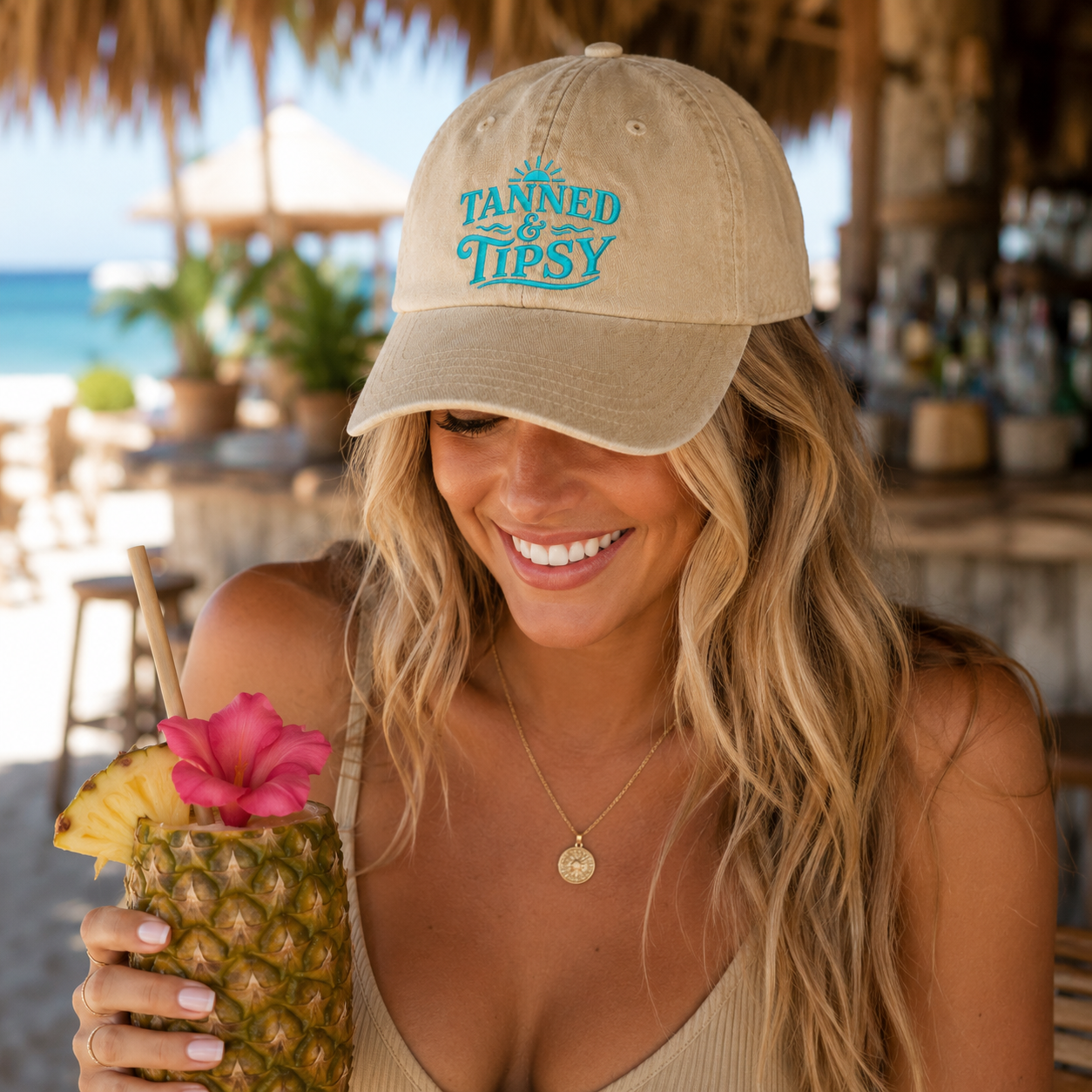 Tanned And Tipsy Embroidered Washed Cap - Washed Cap - side view