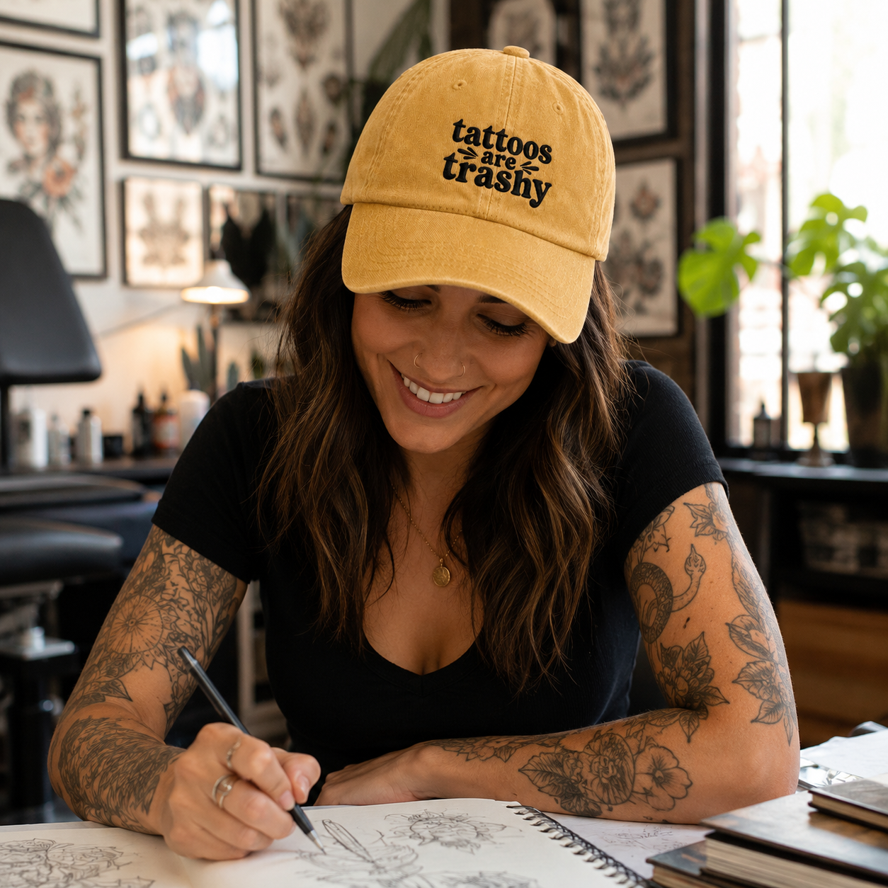 Tattoos Are Trashy Embroidered Washed Cap - Washed Cap - side view