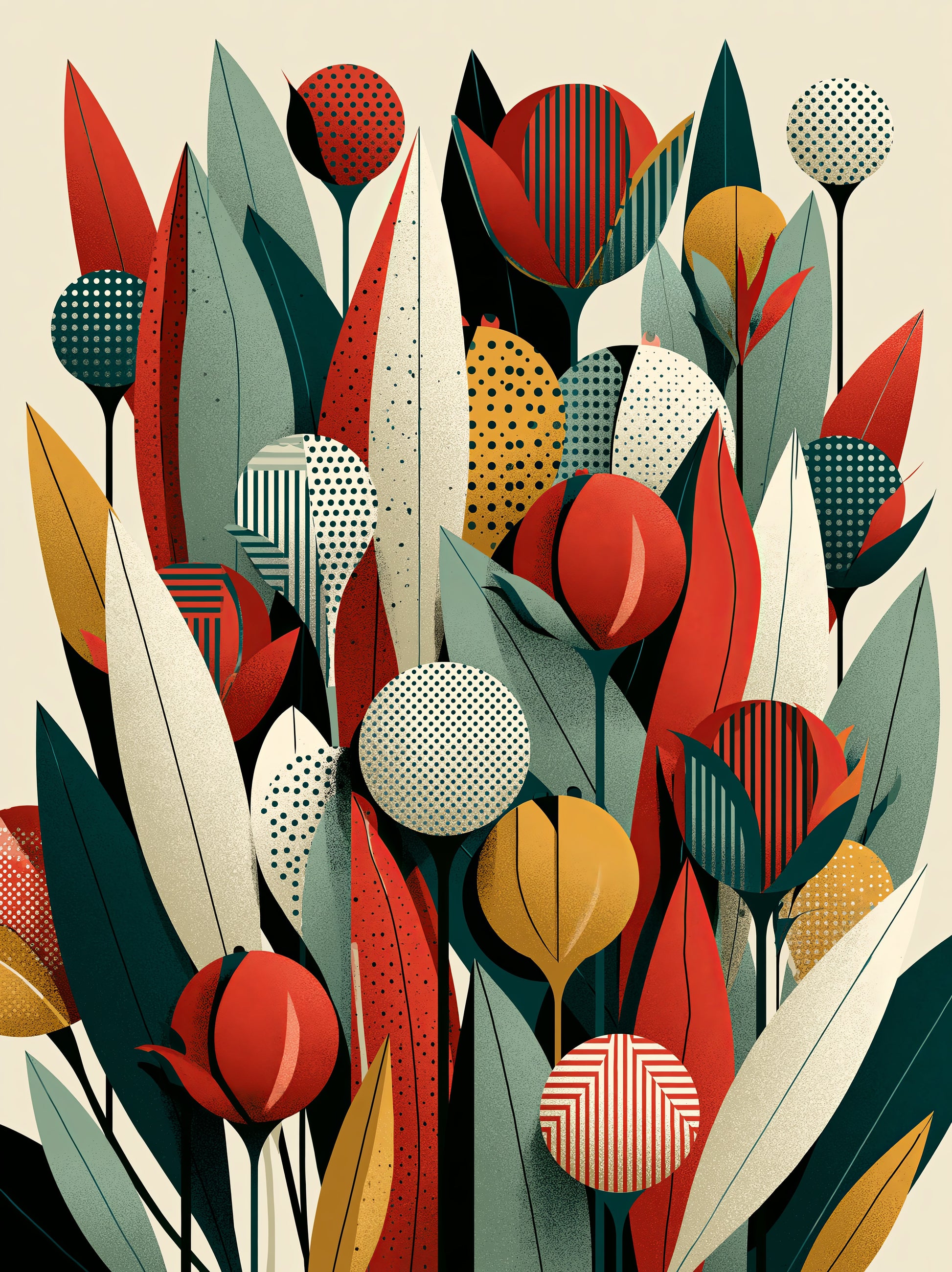 Mid Century Botánico Póster - Wall Art Decor - front view - teal botanical wall art, red botanical poster