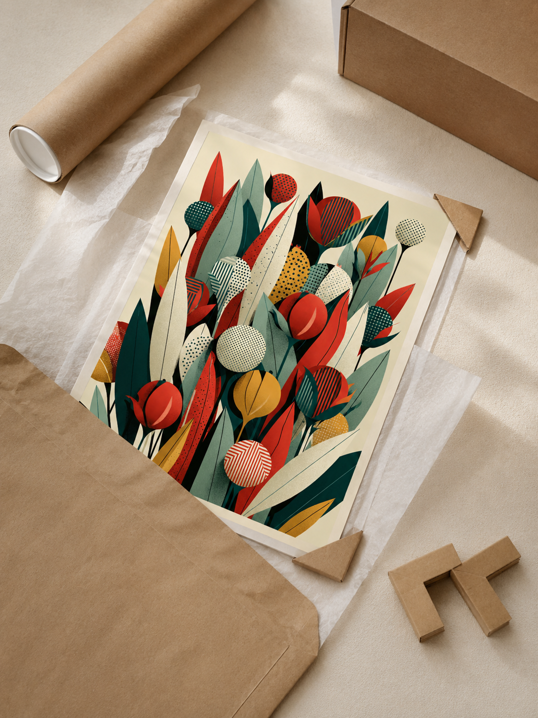 Mid Century Botánico Póster - Wall Art Decor - close-up - teal botanical wall art, red botanical poster