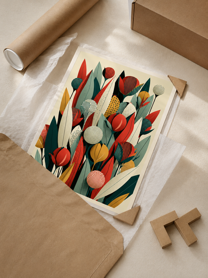 Mid Century Botánico Póster - Wall Art Decor - close-up - teal botanical wall art, red botanical poster