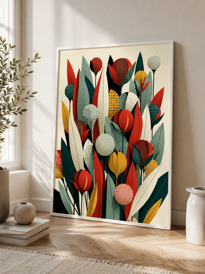 Mid Century Botánico Póster - Wall Art Decor - alternate angle - teal botanical wall art, red botanical poster